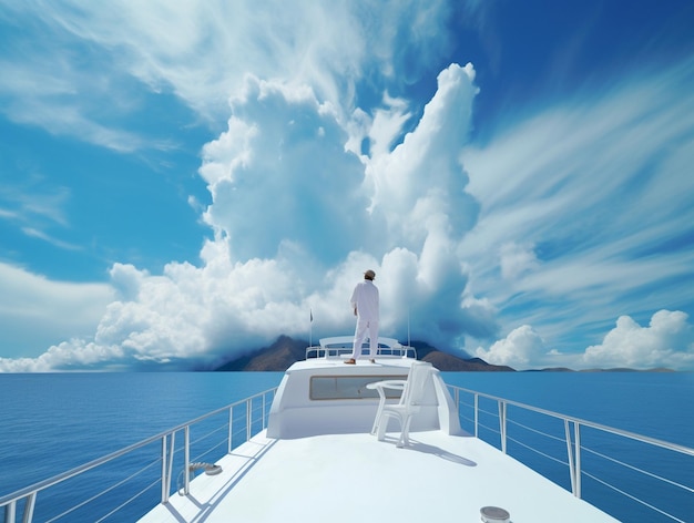 a man on a boat with a white shirt on the front.