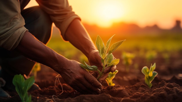 man boer hand in hand met groene plant in zonsondergang tijd landbouw tuinieren en landbouw concept Generatieve AI