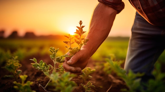 man boer hand in hand met groene plant in zonsondergang tijd landbouw tuinieren en landbouw concept Generatieve AI