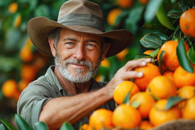 Man boer oogst rijpe oranje mandarijnen op een plantage in de boomgaard