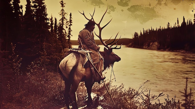 流れる川に沿って旅する強力な雄牛の背中に勇敢に乗る男 レトロ写真