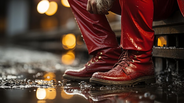 man in boots walking in puddle