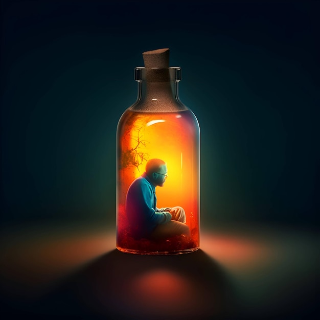 Человек в бутылке с 3d иллюстрацией волшебного зелья