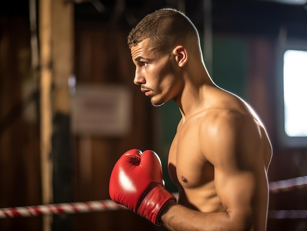 Мужчина в боксёрских перчатках на ринге Концепция спортивной подготовки Генеративная иллюстрация Ай