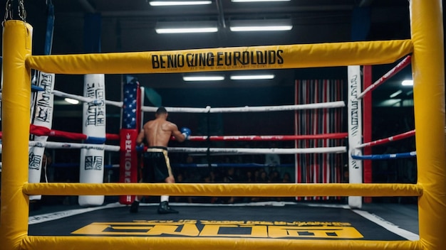 a man in a boxing ring with a banner saying grubby on the wall