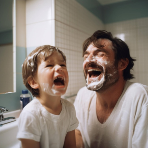 A man and a boy are both shaving in a bathroom