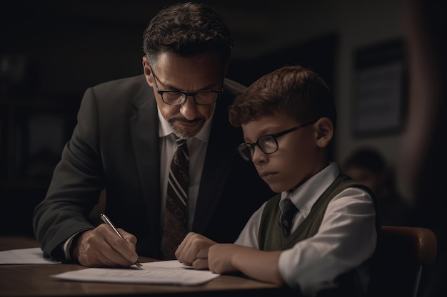 A man and a boy are looking at a paper