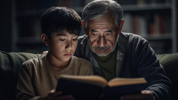A man and a boy are reading a book together.