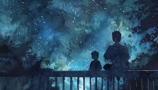 A man and a boy are sitting on a railing looking at the stars