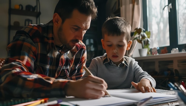 Photo a man and a boy are sitting at a table with a book in front of them