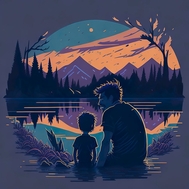 A man and a boy are sitting in the water and looking at the mountains