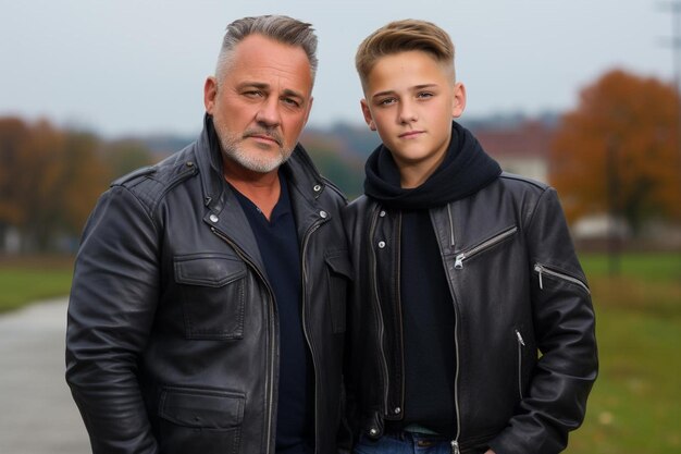 Photo a man and a boy are standing in front of a building