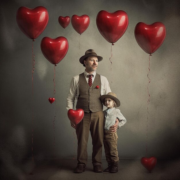 A man and a boy are standing in front of red heart balloons.