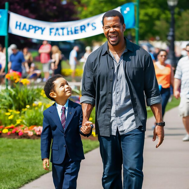 a man and a boy are walking down a sidewalk