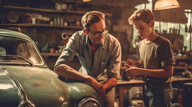 Photo a man and a boy are working on a car