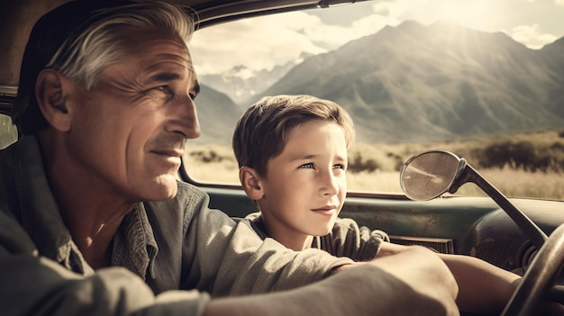 A man and a boy in a car looking out the window