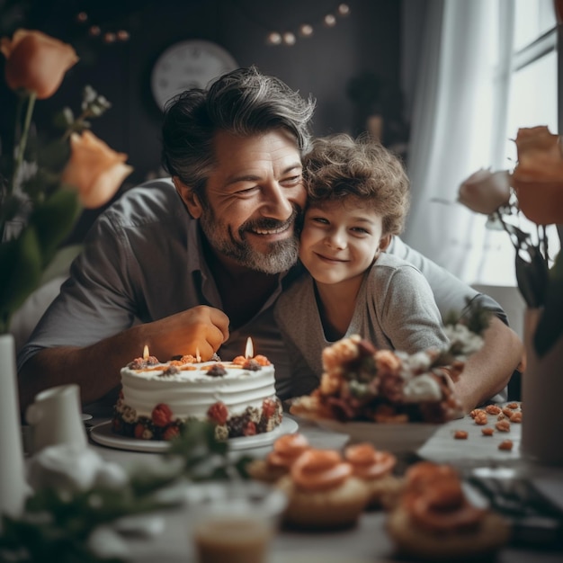 A man and a boy hug and hug a cake with a cake on the table.