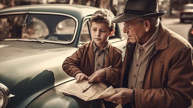 A man and a boy look at a paper in front of a vintage car.