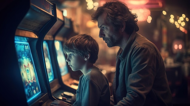 A man and a boy play arcade games in a dark room.