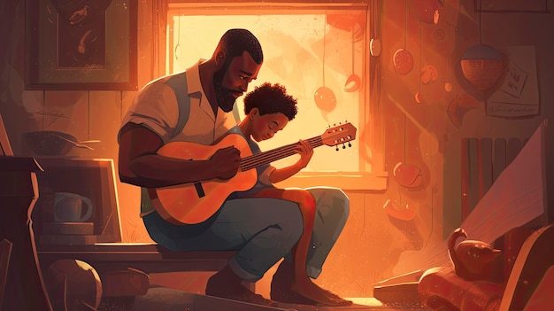 A man and a boy play guitar in a room.