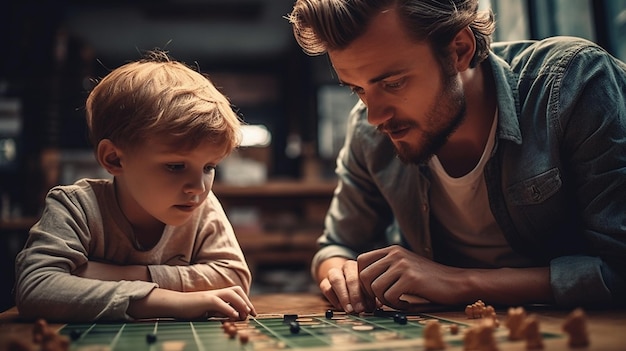 A man and a boy playing a game of chess