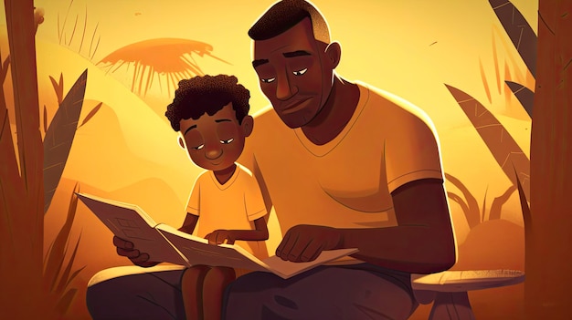 A man and a boy read a book together