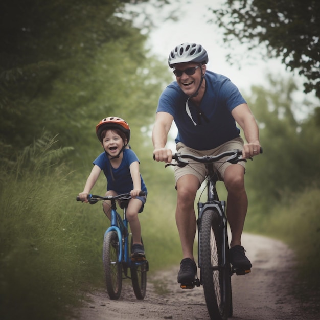 A man and a boy ride bikes on a dirt road