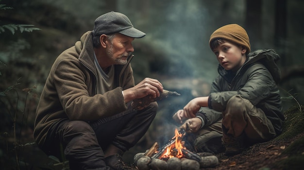 A man and a boy sit around a campfire, one of them is wearing a hat and the other is wearing a hat.