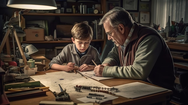 A man and a boy sit at a desk, drawing on paper.