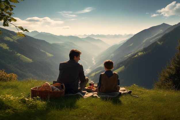 A man and a boy sit on a hill and enjoy a picnic in the mountains