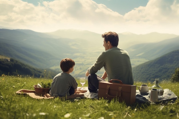 Мужчина и мальчик сидят на холме и наслаждаются пикником в горах