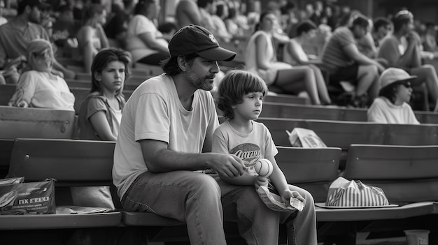 A man and a boy sit in the stands and watch a game.