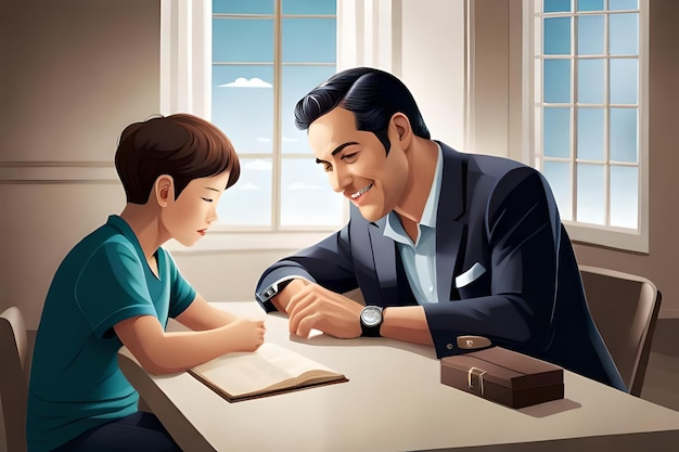 A man and a boy sit at a table and read a book.