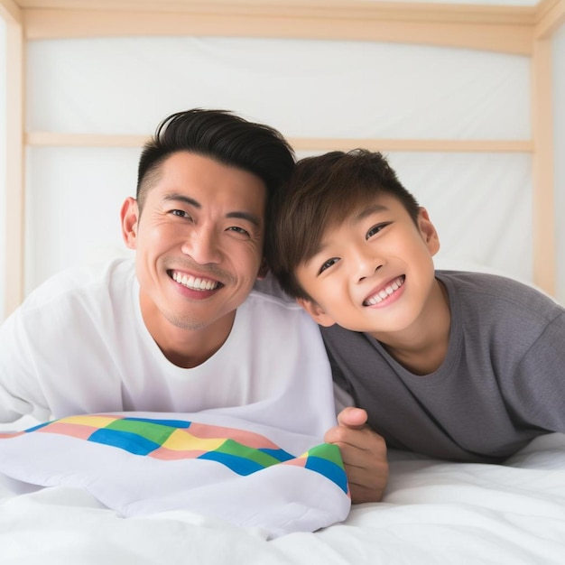 Photo a man and a boy smiling on a bed with a blanket