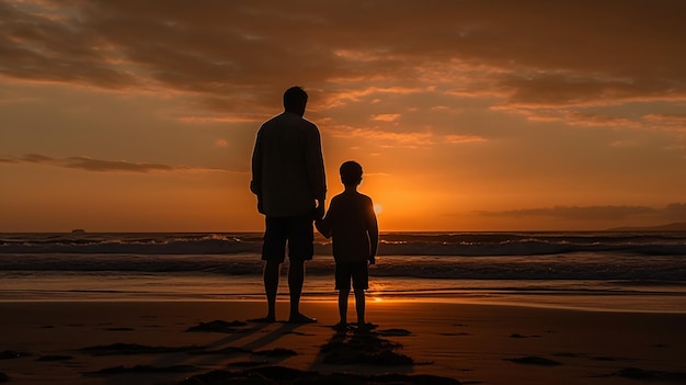 A man and a boy stand on a beach at sunset.