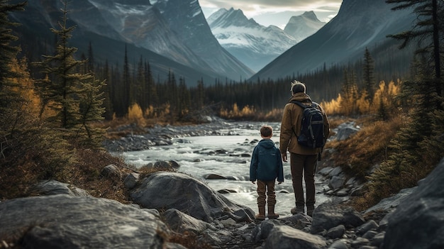 A man and a boy stand on a river bank looking at a mountain landscape.