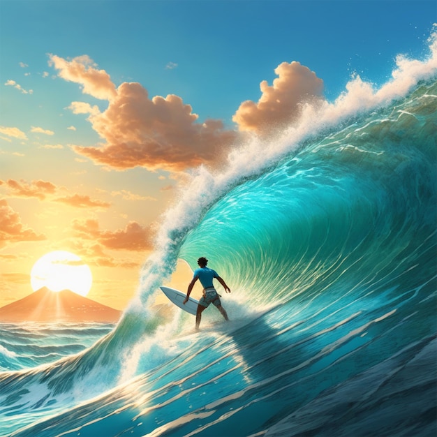 a man boy surfing a wave in sea gold sky evening