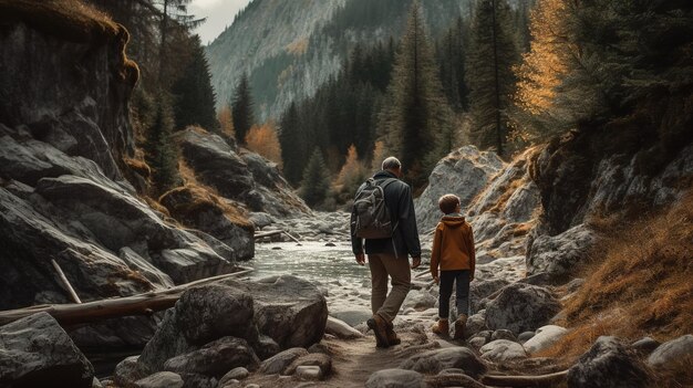 A man and a boy walk on a path in the mountains