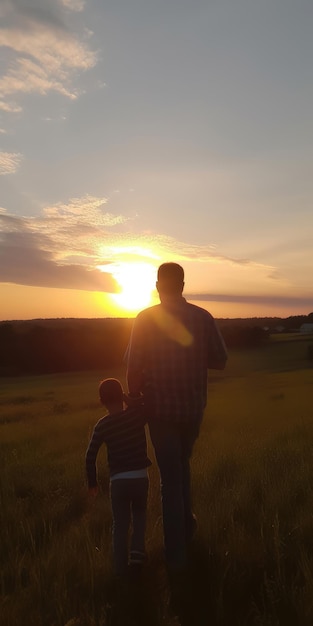 A man and a boy walking in a field with the sun setting behind them