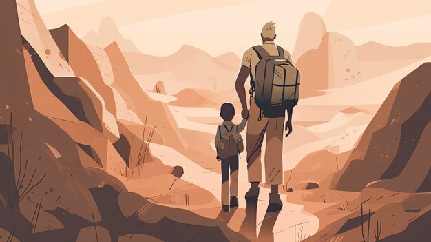 A man and a boy walking in the mountains