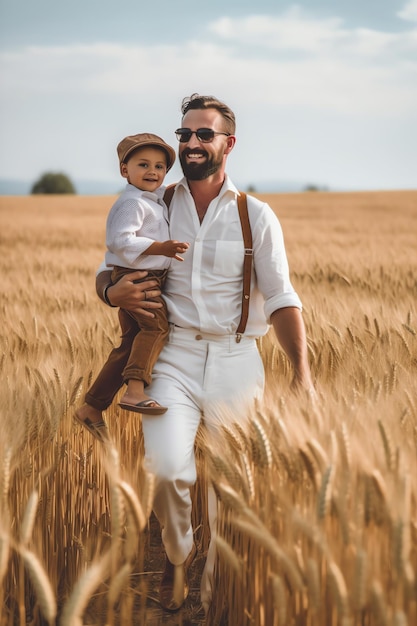 A man and a boy walking in a wheat field
