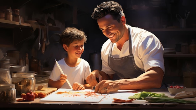 Мужчина и мальчик работают вместе на кухне, режут овощи и жарят еду на плите.