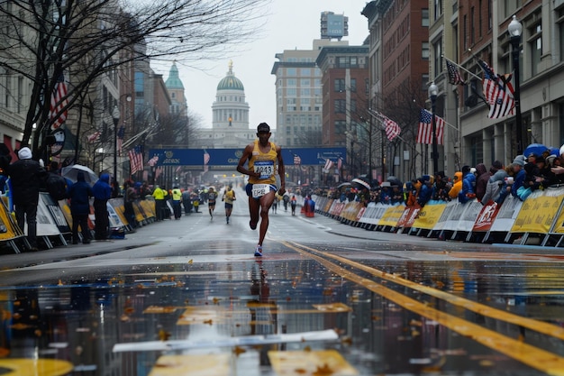 마라톤 경주 를 하면서 비 를 견내고 있는 한 사람 은 도전적 인 날씨 조건 에서 결단력 과 인내심 을 과시 하고 있다