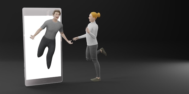 電話スマートフォン3dイラストで立っている女性と話しているスマートフォンから抜け出す男