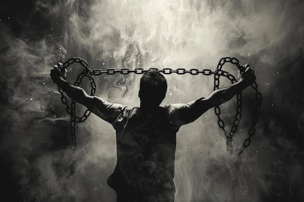 写真 man breaks the chains and gains freedom the concept of gaining freedom black and white