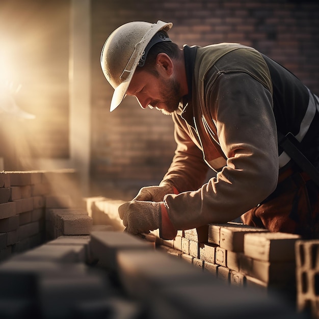 Man Bricklayer Installing Bricks on Construction Site