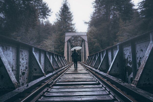 Man on bridge against sky