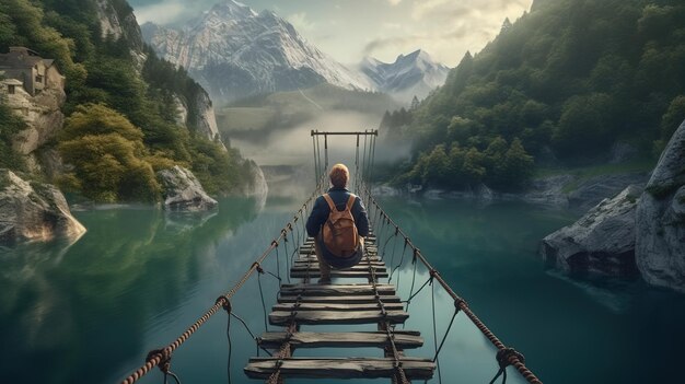 A man on a bridge in the mountains