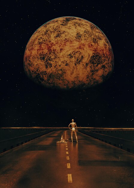 A man on a bridge with a planet in the background