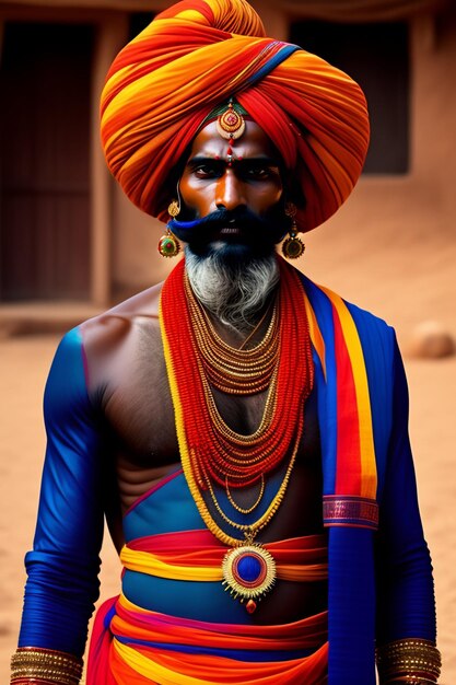 A man in a bright blue turban stands in front of a dirt road.